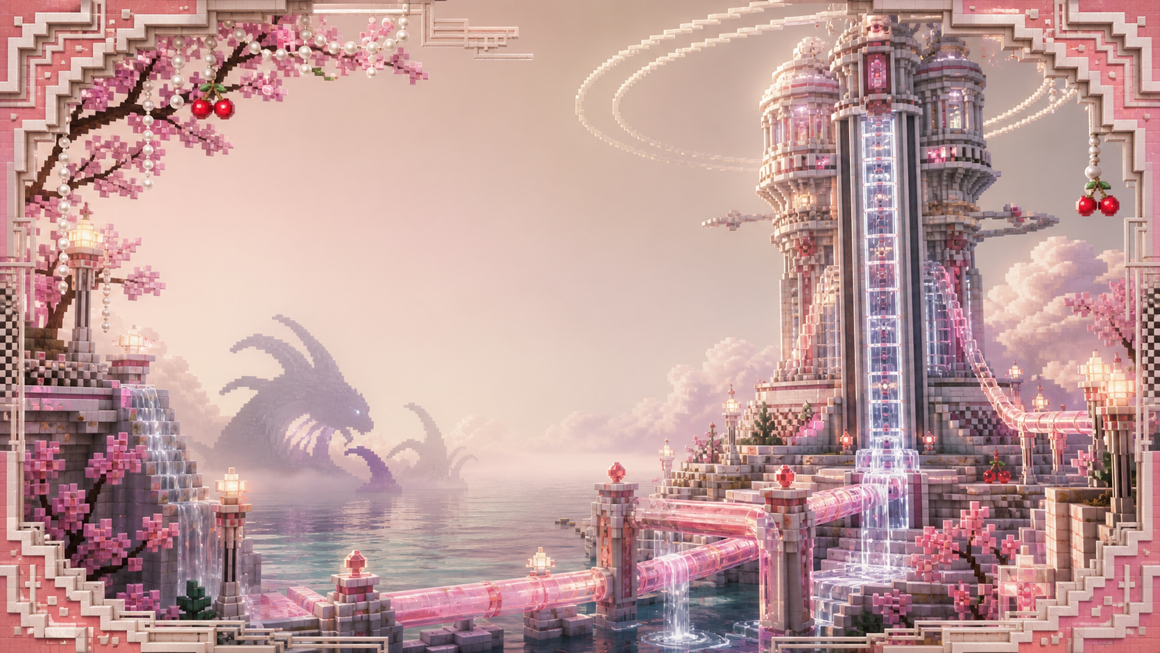 Pink voxel ocean engineering world with a sea monster and water tower