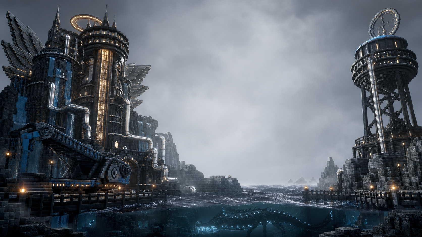 Midnight and gold voxel ocean world with industrial waterworks